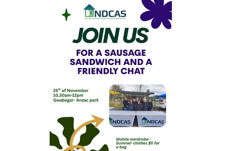 A flier from NDCAS about their visit to Gwabegar on November 25th at ANZAC Park.